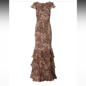 Rixo Rio Silk Leopard Print Maxi Dress Open Back Ruffle Silk Gown $1179 Size 4